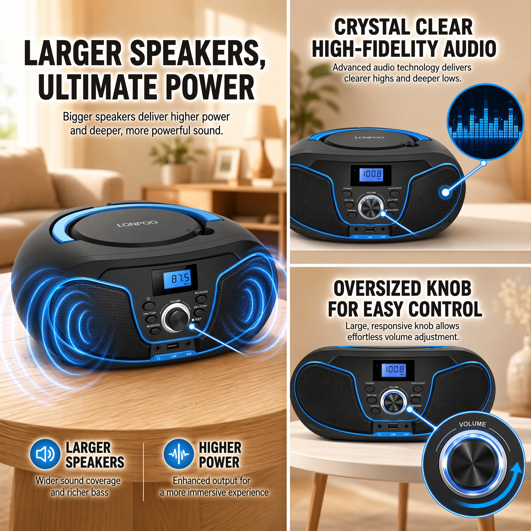 Amazon.com: LONPOO LP-D02 Portable CD Player Boombox Bluetooth